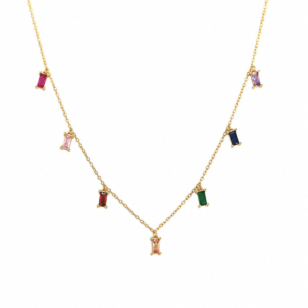 Modern Cubic Zirconia Multicolor Rectangular Baguette Station Chain 925 Sterling Silver Clavicle Necklace