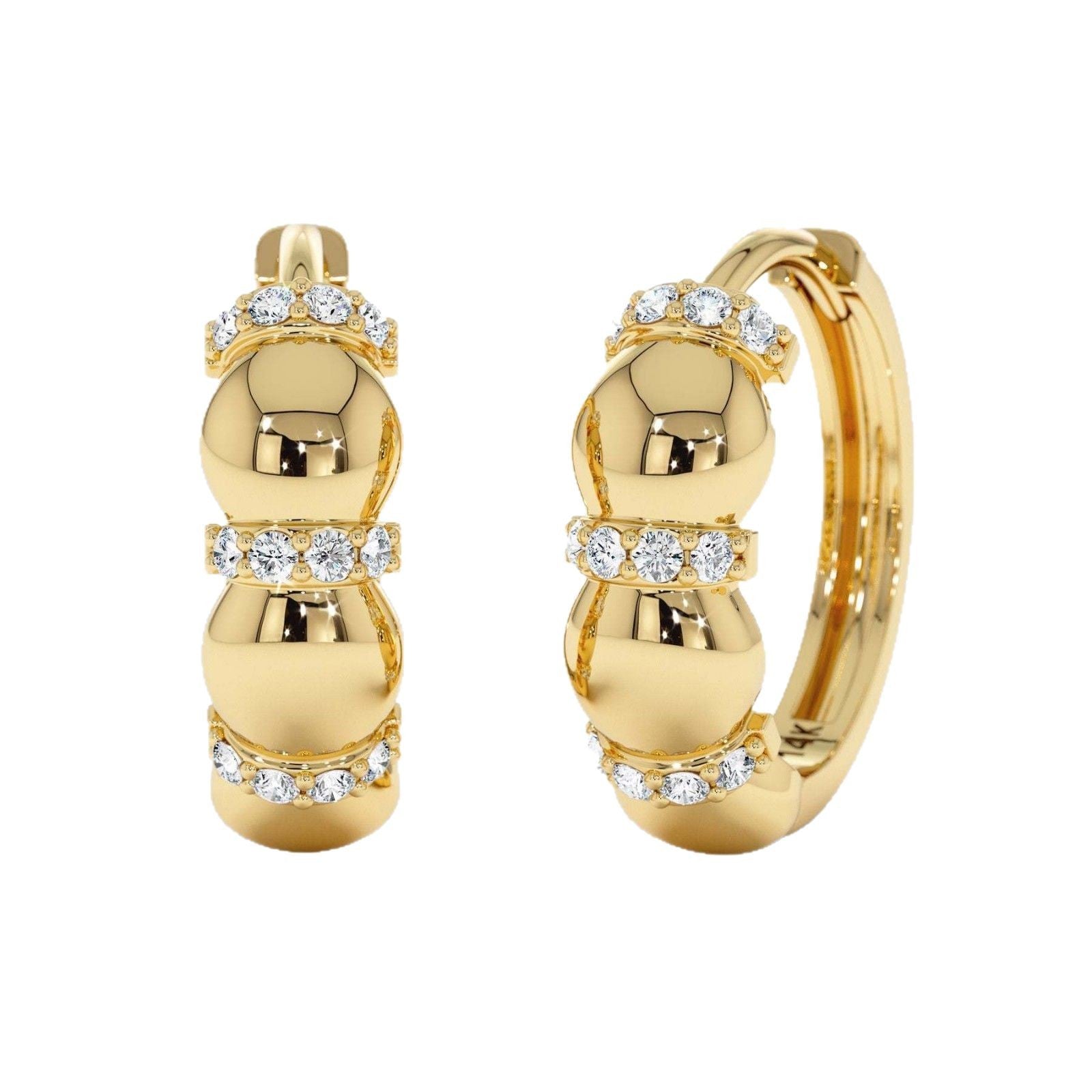 Geometric Oval Bead Spaced Cubic Zirconia 18K Gold Rhodium 925 Sterling Silver Hoop Huggie Earrings