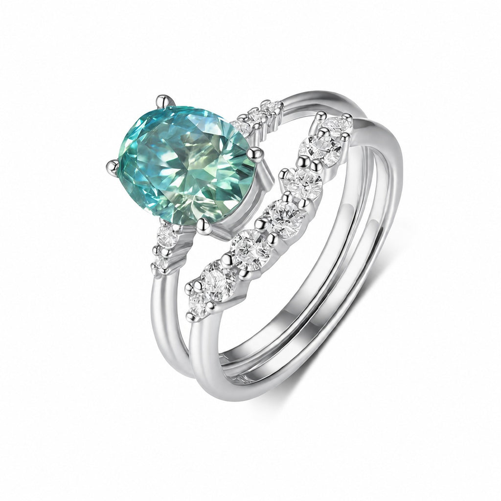 Green Moissanite Centre Stone Stacked Design 925 Sterling Silver Ring