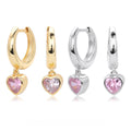 Minimalist 925 Sterling Silver with Gold Plating Heart Shape Pink Cubic Zirconia Dangle Hoop Earrings