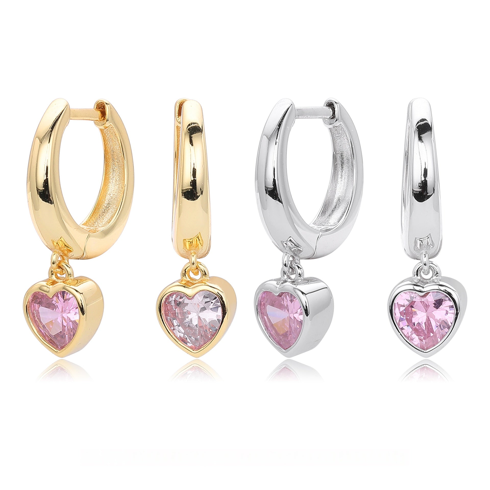 Minimalist 925 Sterling Silver with Gold Plating Heart Shape Pink Cubic Zirconia Dangle Hoop Earrings