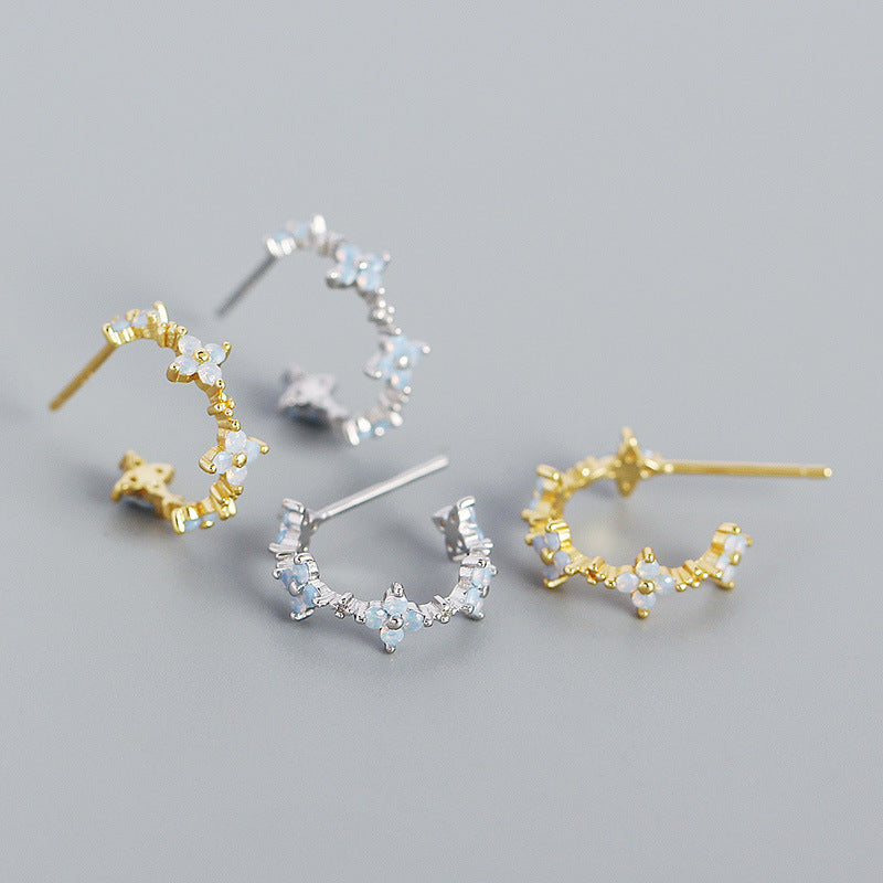 Girl CZ Four Leaf Clover Flower C Shape 925 Sterling Silver Hoop Earrings