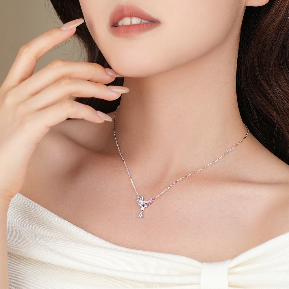 Women Pink CZ Cresceny Shining Star 925 Sterling Silver Necklace