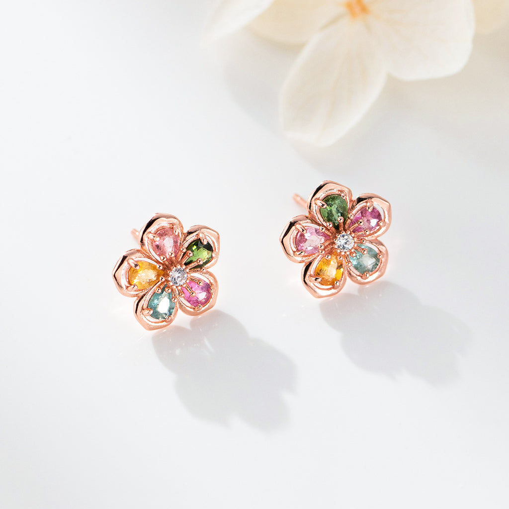 Natural Stone Five Petal Plum Blossom Flower Rose Gold Tone S925 Sterling Silver Stud Earrings