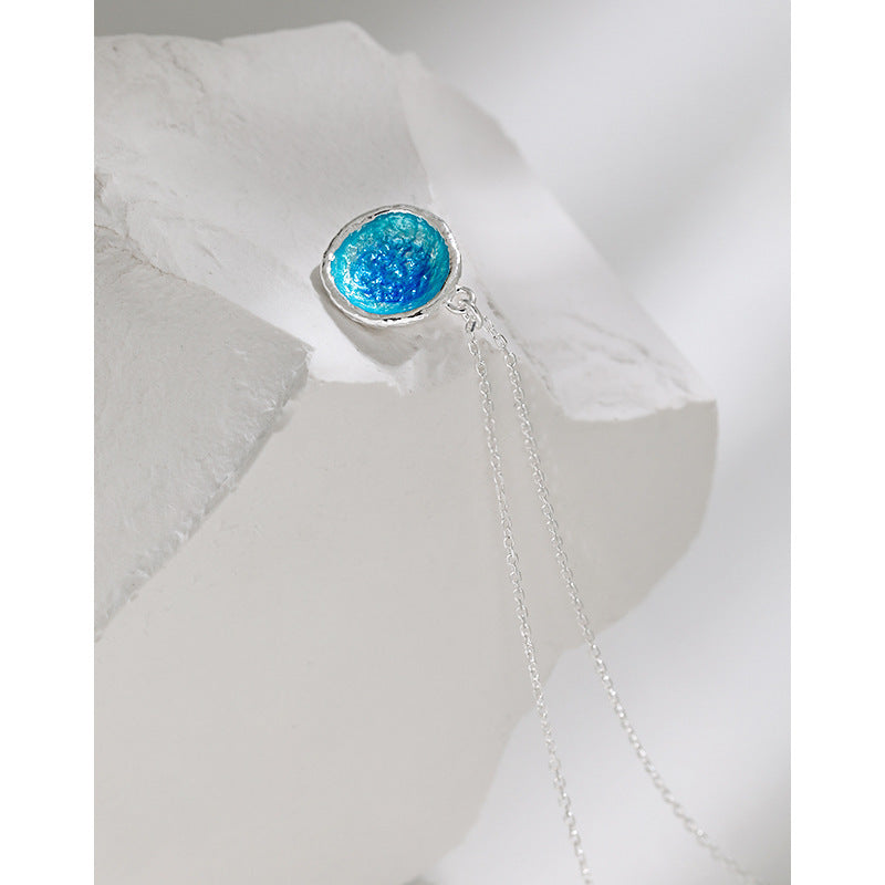 Ocean Series Blue Enamel Irregular Round 925 Sterling Silver Pendant Necklace