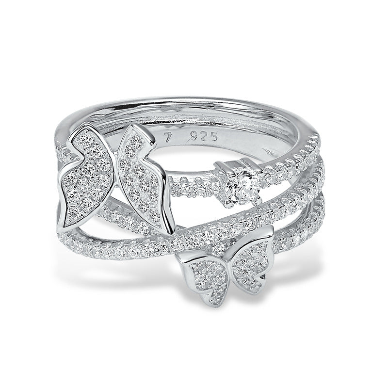Beautiful Micro Setting CZ Butterfly Triple Layers Cross 925 Sterling Silver Ring