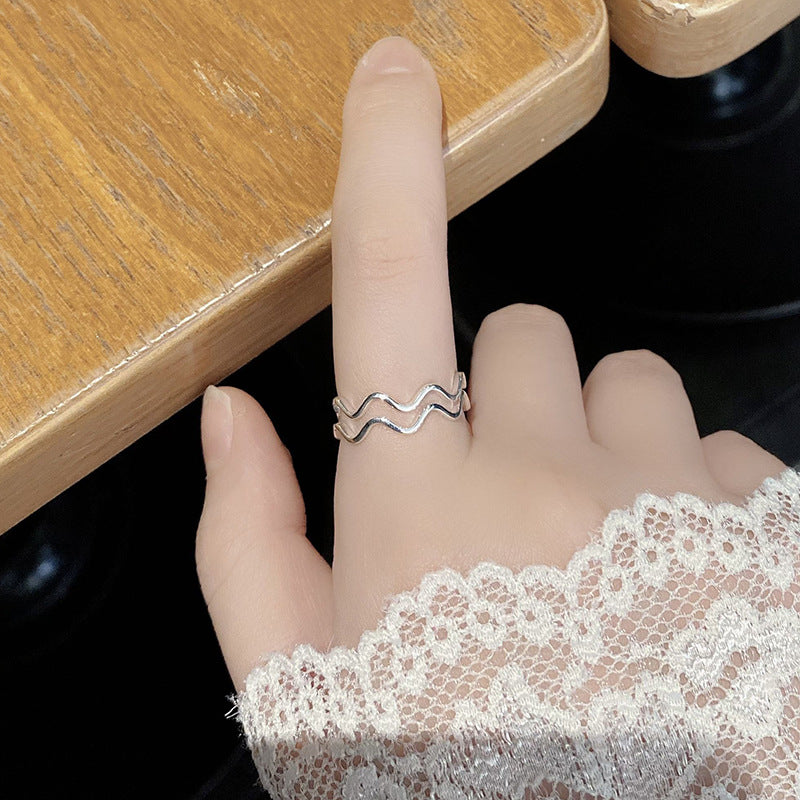 Double Layer Wave Design Women Fashion Geometric Minimalist Open Band Adjustable 925 Sterling Silver Ring