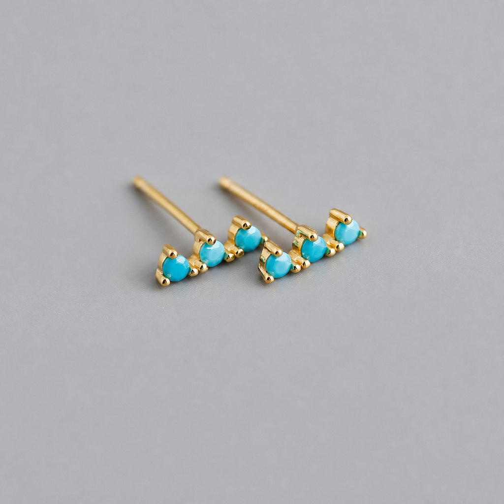 Geometric Three Stone Bar Stud Earrings with Cubic Zirconia and Turquoise in 925 Sterling Silver Stud Earrings