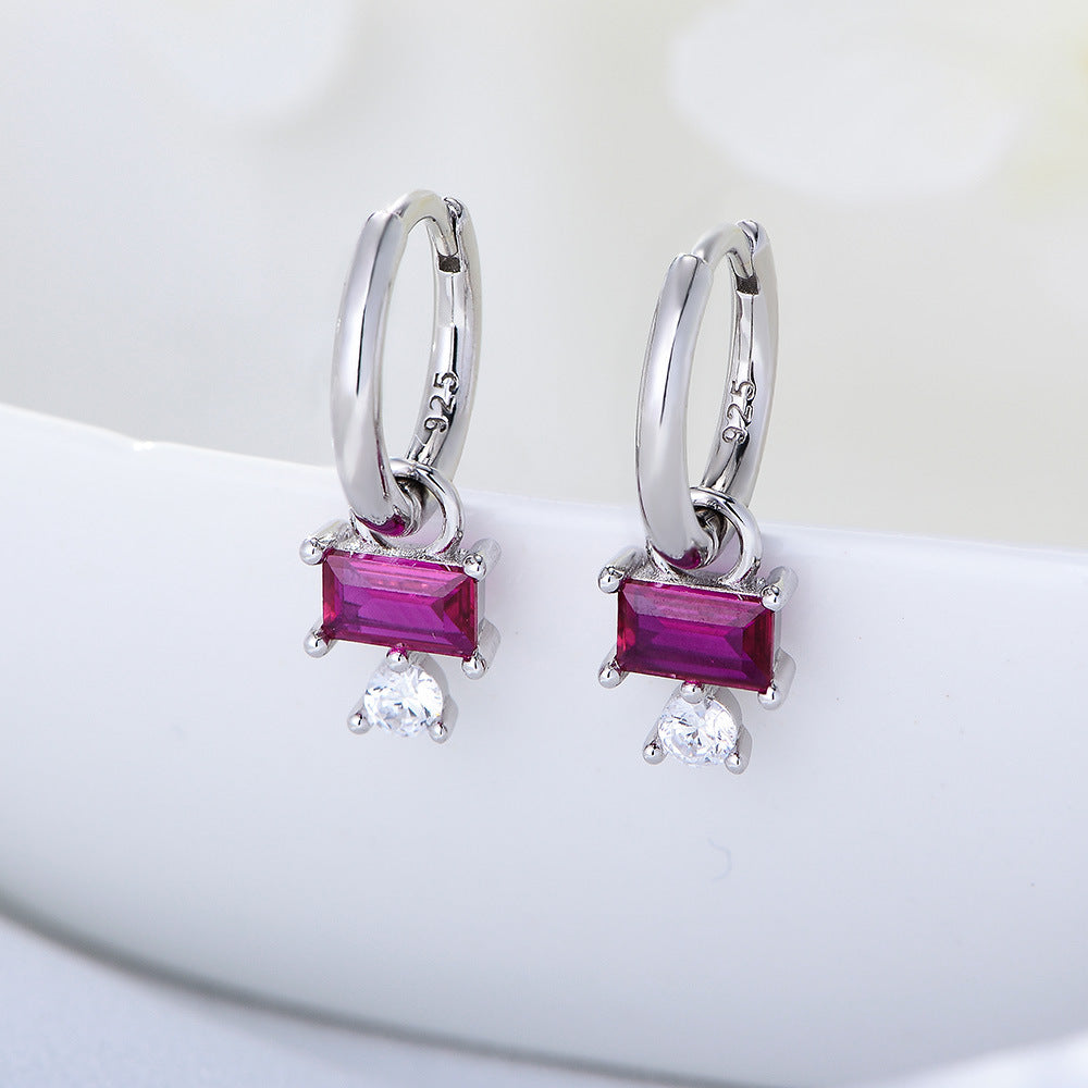 Masculine Red Baguette CZ 925 Sterling Silver Hoop Earrings