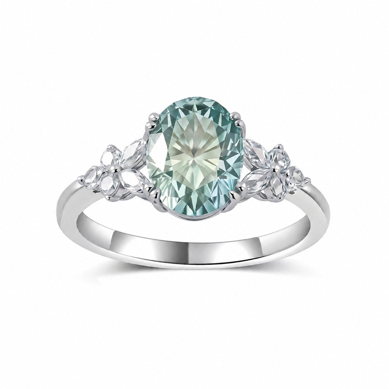 Oval Blue Green Moissanite  925 Sterling Silver Floral Side Stone Cluster Ring