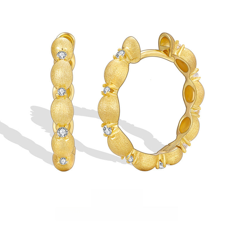 Geometric Hoop Cubic Zirconia Brushed Oval Bead 18K Gold Plated 925 Sterling Silver Earrings