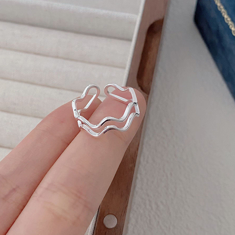 Double Layer Wave Design Women Fashion Geometric Minimalist Open Band Adjustable 925 Sterling Silver Ring
