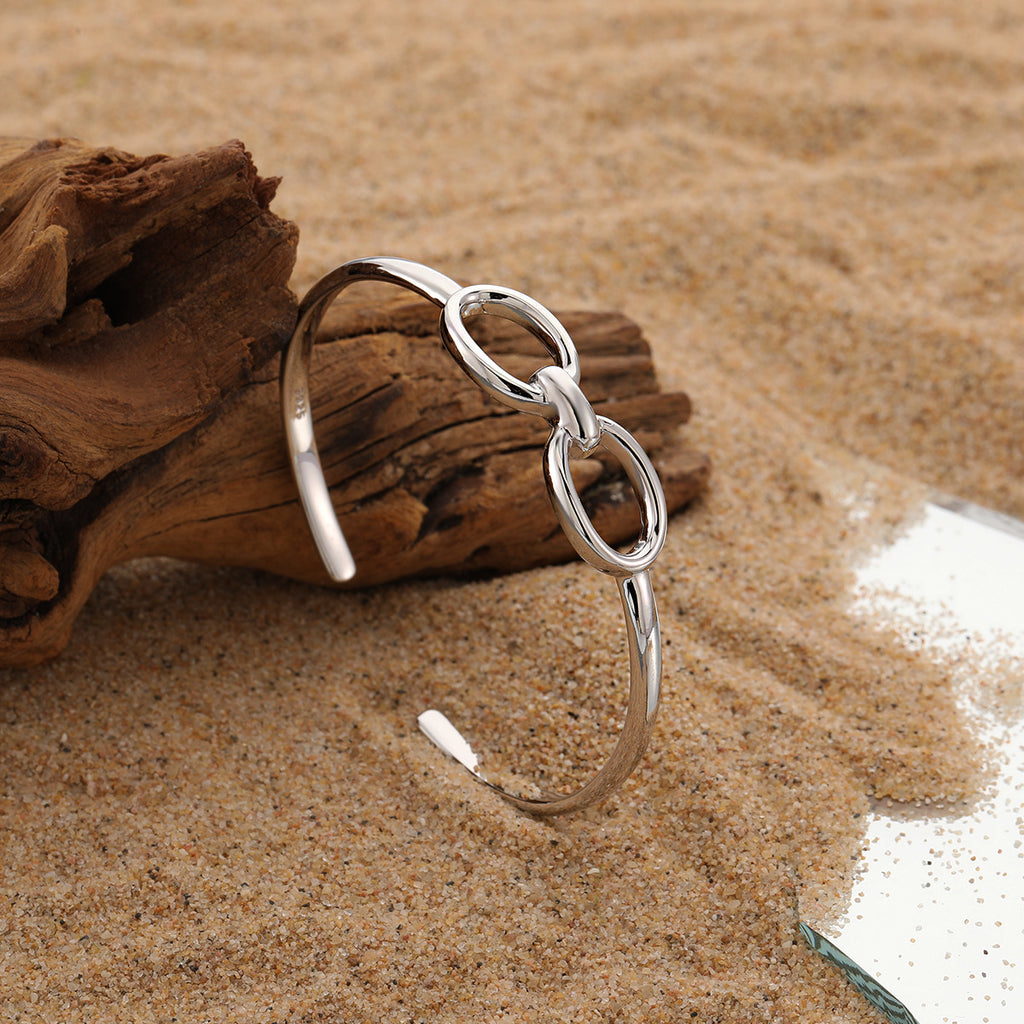 Modern Minimalist Geometric Style Silver Double Circle Hollow Design 925 Sterling Silver Open Bangle Bracelet