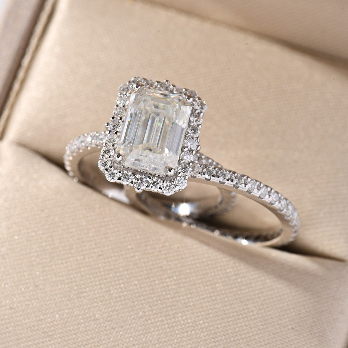 White Moissanite Halo Split Shank Ring S925 Sterling Silver  Ring