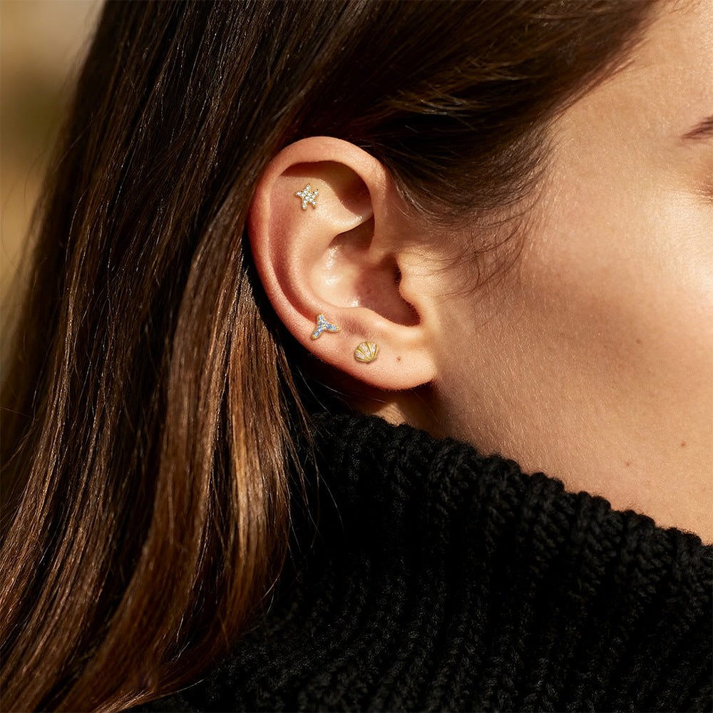 Ocean-themed cubic zirconia. Mermaid tail shell starfish. 18K gold coating. S925 silver Earring