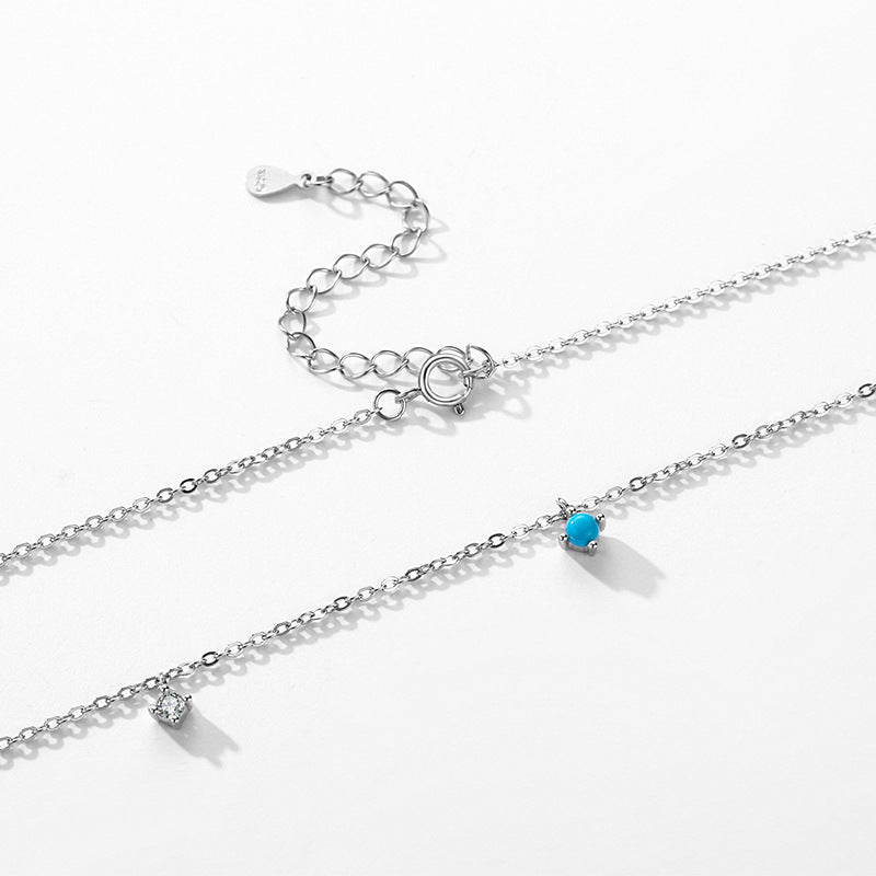 Geometric Pattern Turquoise And Cubic Zirconia 925 Silver Necklace