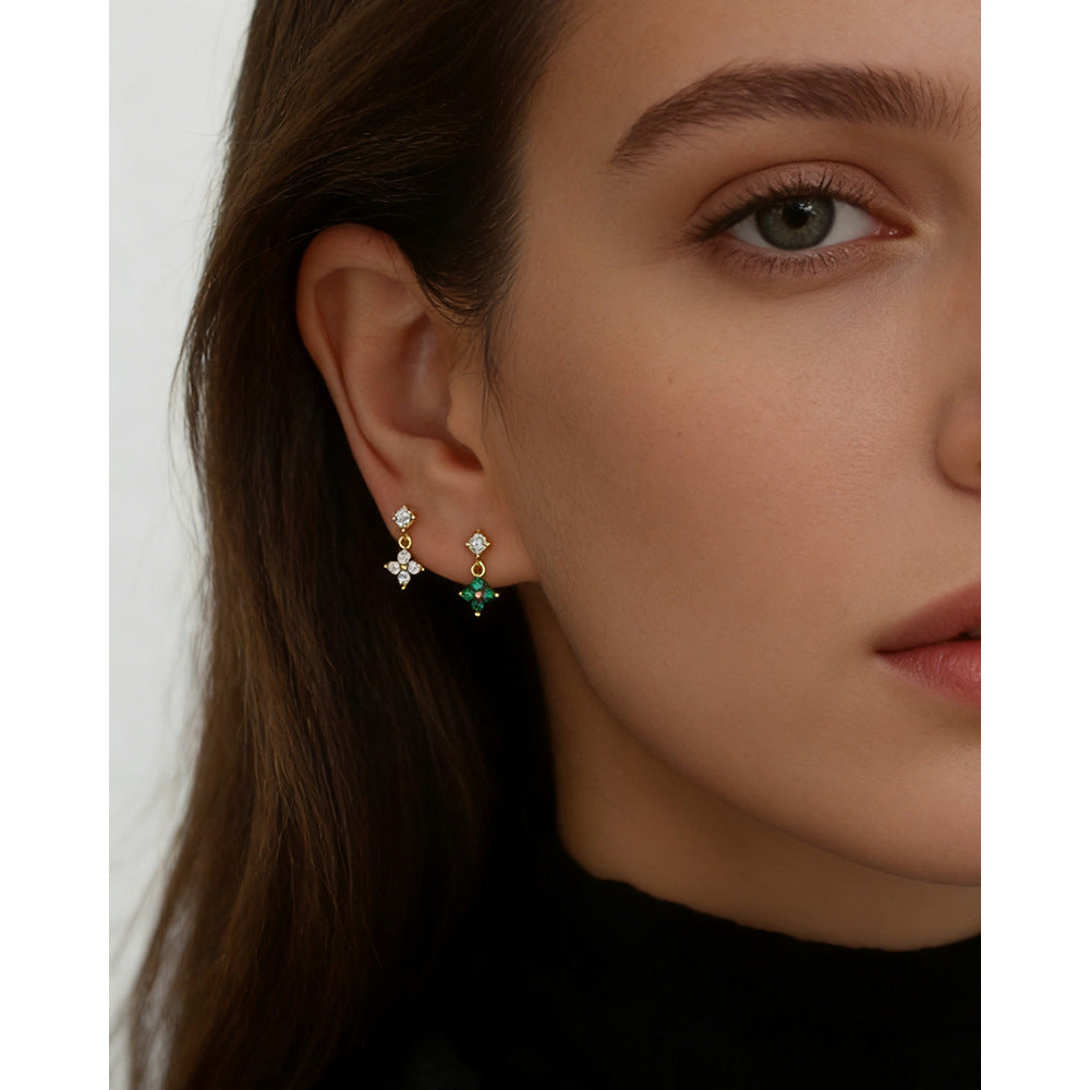 Mini Delicate Four Leaf Clover Cubic Zirconia Drop 925 Sterling Silver Stud Earrings