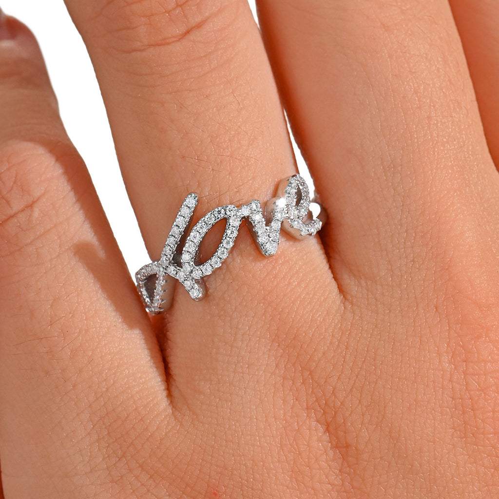 White Moissanite LOVE Letter Script Ring 925 Sterling Silver  Ring