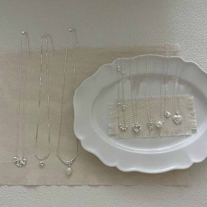 Girl Simple Bow-knot Heart Key Shell Pearls 925 Sterling Silver Necklace