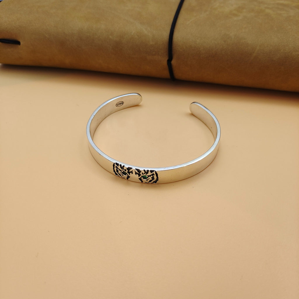 Men's Green Eye Tiger Animal 925 Sterling Silver Open Bangle