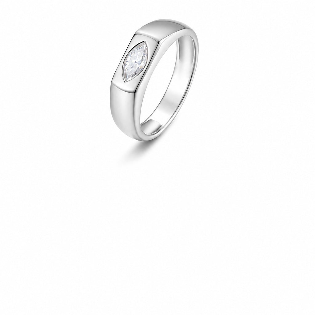 Minimalist Marquise Cut White Moissanite 925 Sterling Silver Signet Band Ring