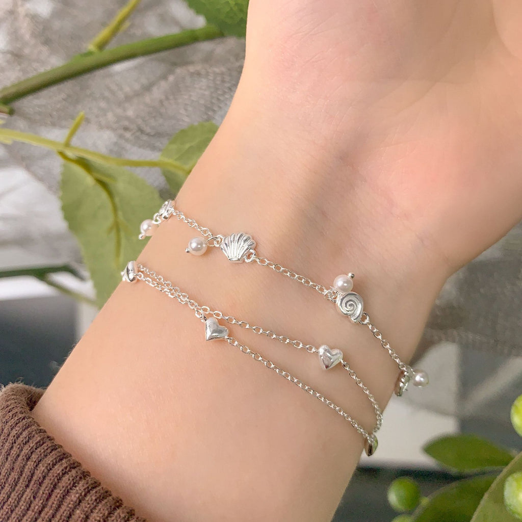 Girl Double Layers Curb Chain Hearts 925 Sterling Silver Bracelet