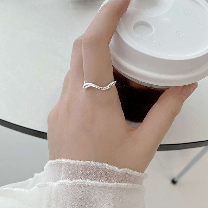 Elegant Geometric Wave Design Adjustable 925 Sterling Silver Open Ring