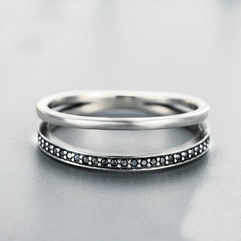 Fashion n Double Line 925 Sterling Silver Black CZ Ring