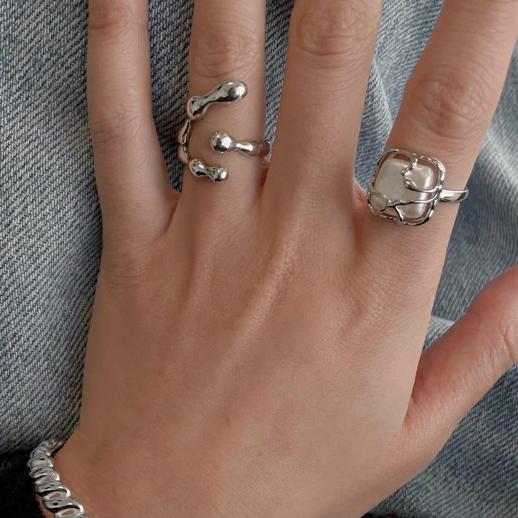Modern Irregular Square Natural Baroque Pearls Tree Branch 925 Sterling Silver Adjustable Ring
