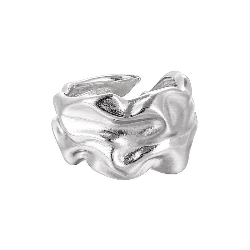 Pure Metal Irregular Wrinkled Textured Wide Band Open Adjustable Ring