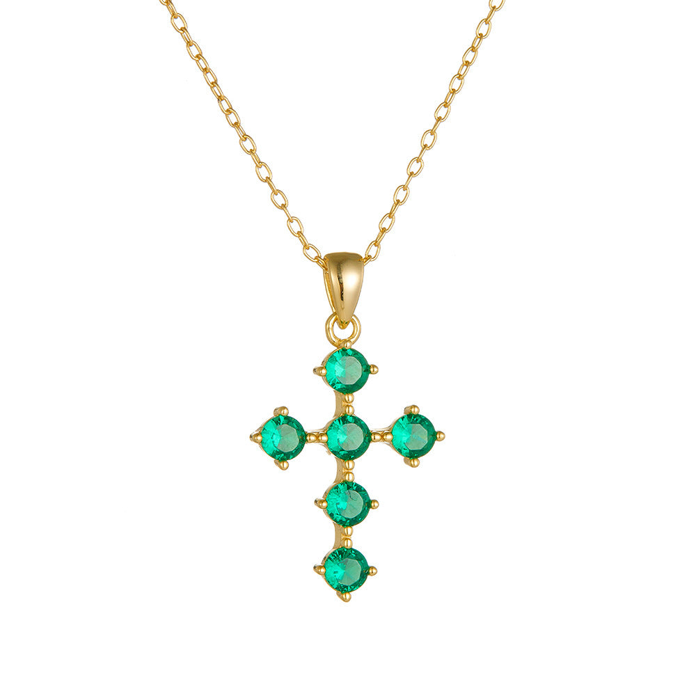 Anniversary Luxury Green Round CZ Cross 925 Sterling Silver Necklace