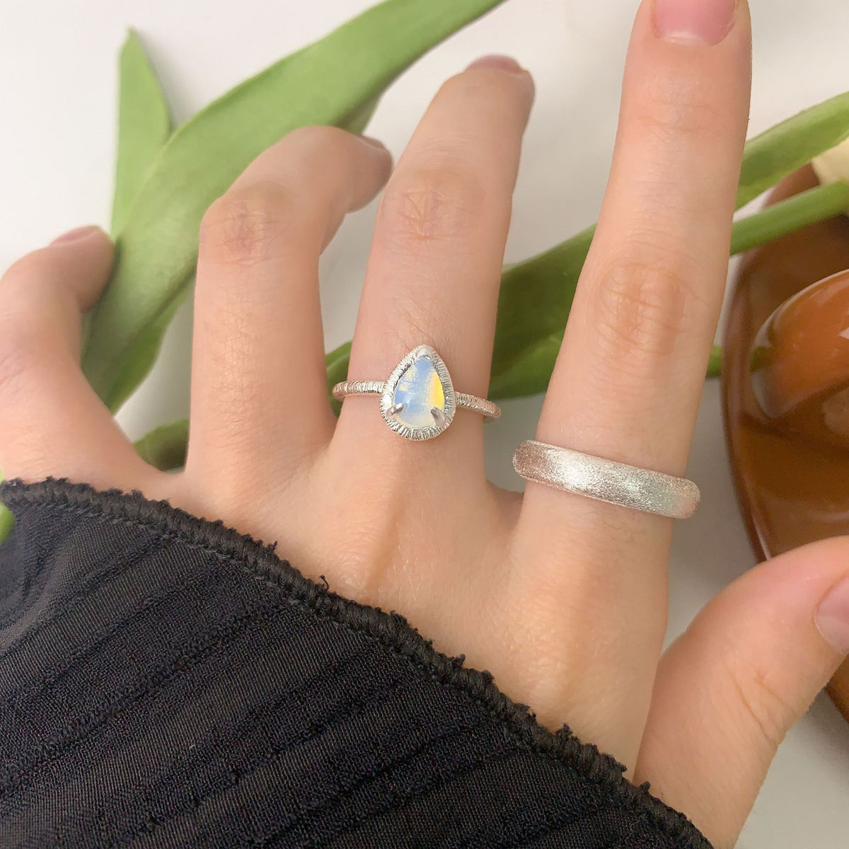 Lady Waterdrop Natural Opal 925 Sterling Silver Adjustable Ring