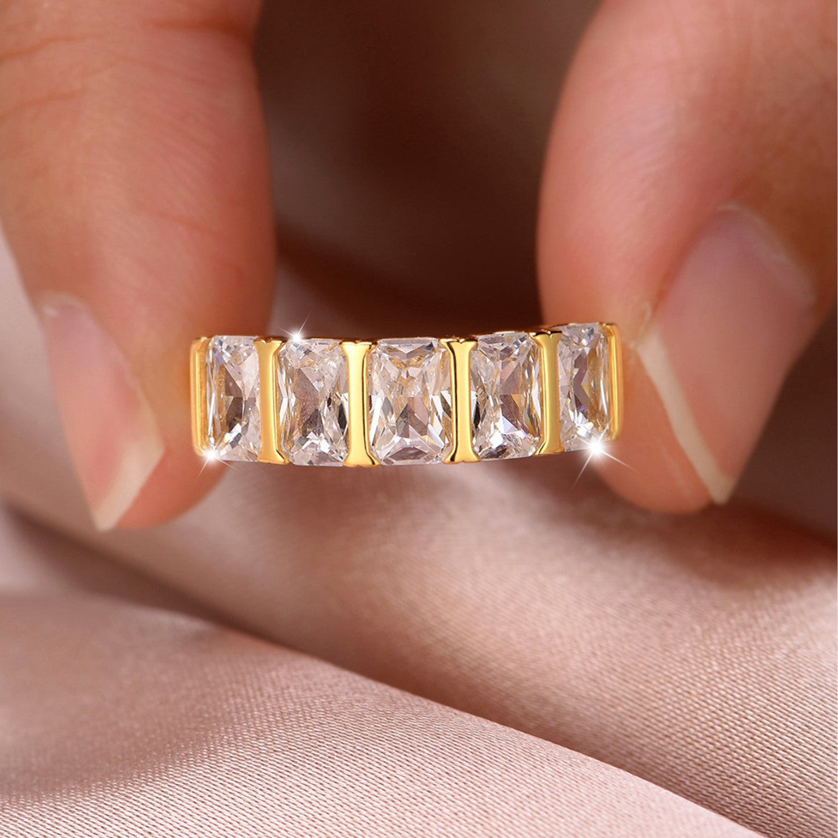 Five Stone Geometric Moissanite Ring 925 Sterling Silver Rectangular Trapezoid Cut Full Row Band Ring White Gold Yellow Gold Modern Fashion Wedding Party Anniversary Gift