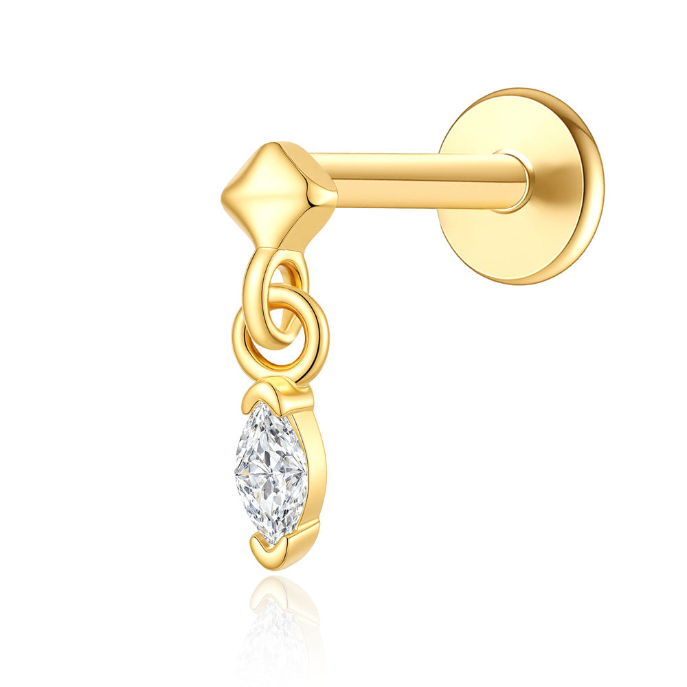 Cubic Zirconia Marquise 925 Sterling Silver With Geometric Top Flat Back Internal Thread Cartilage Piercing Drop Ear Stud Earrings (Single)