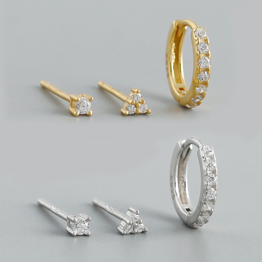 Geometric Cubic Zirconia Mini Hoop And Stud Earrings Set  925 Sterling Silver Earrings